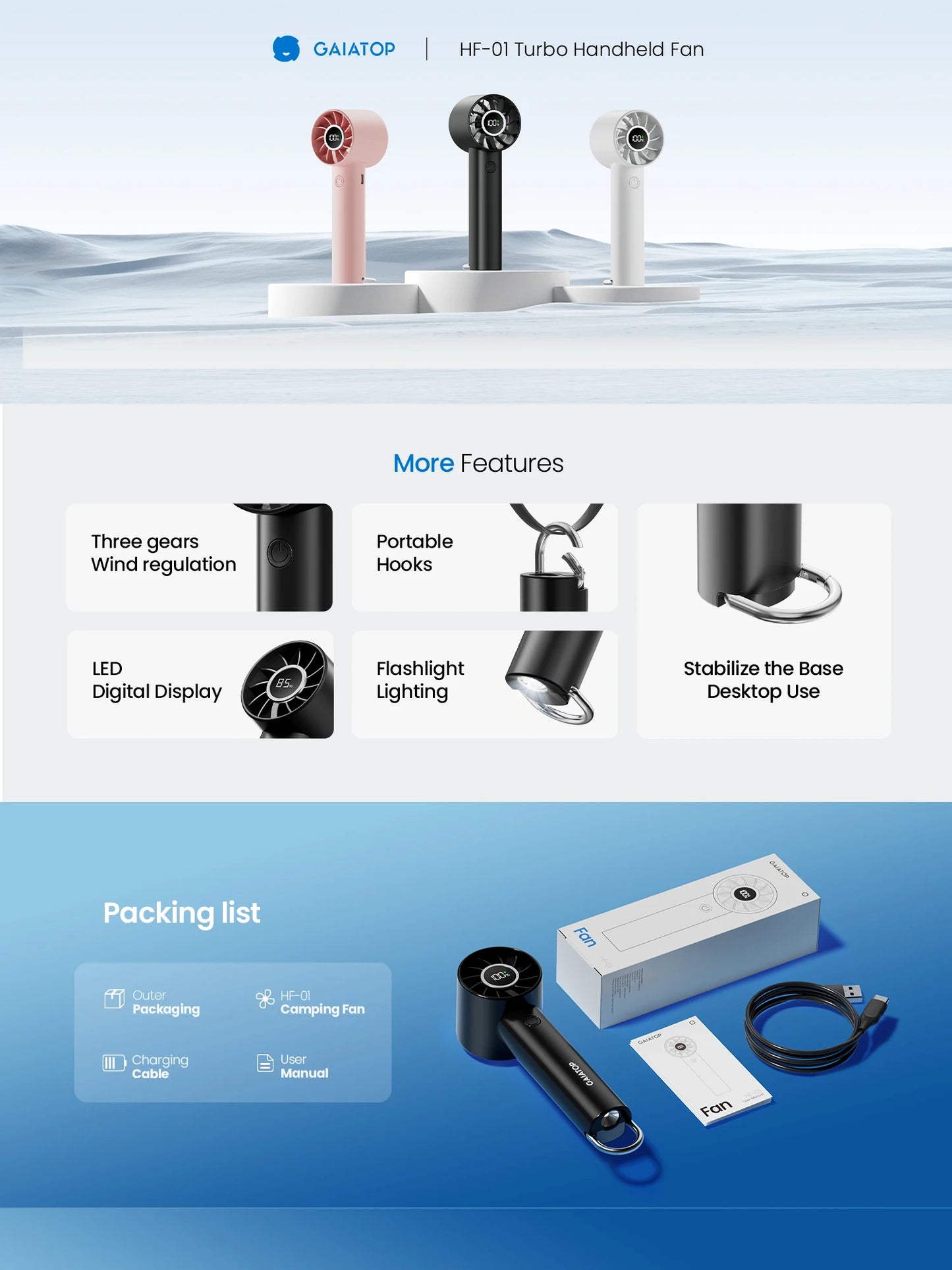 Portable Mini Fan with LED Display & Flashlight