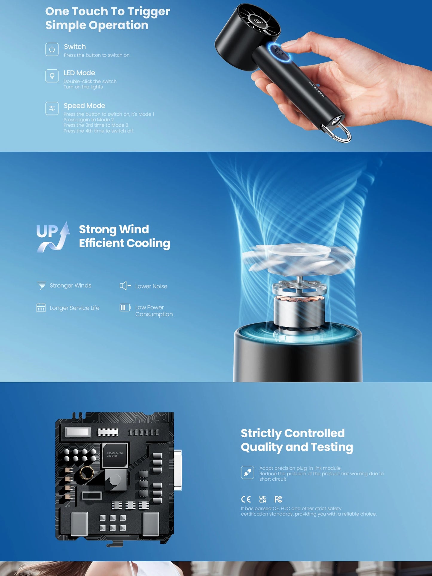 Portable Mini Fan with LED Display & Flashlight