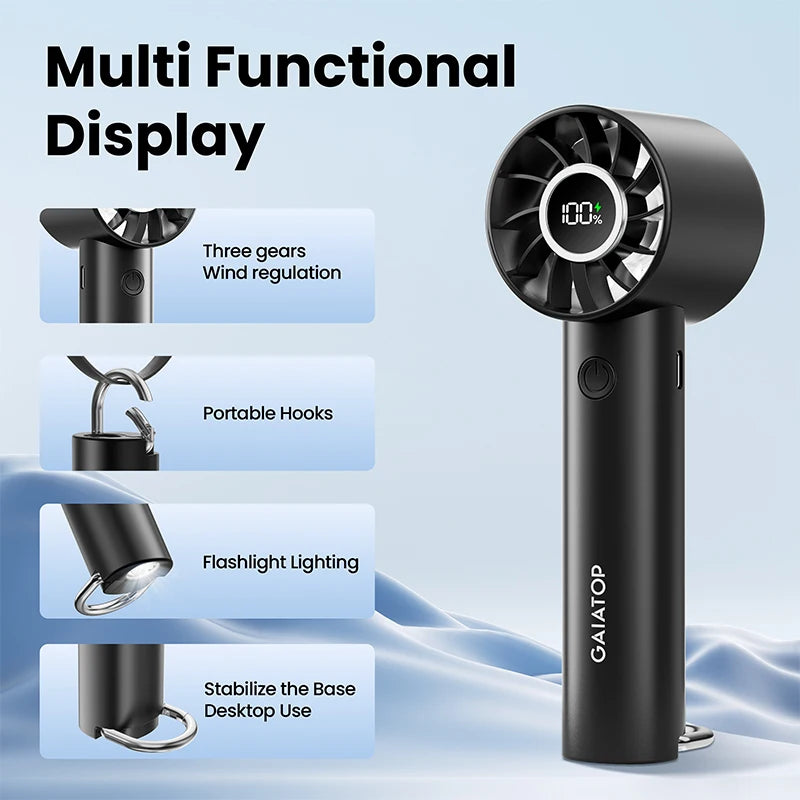 Portable Mini Fan with LED Display & Flashlight